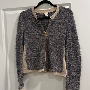 Chicos Ryann Shine Stitch Zip Up Cardigan Jacket. Chiffon trim sz s